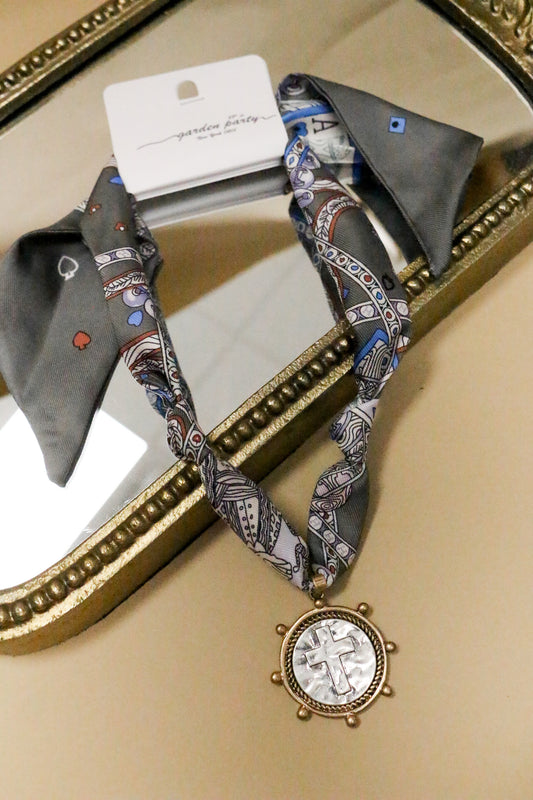 Grey Navy Cross Coin Knotted Scarf Necklace