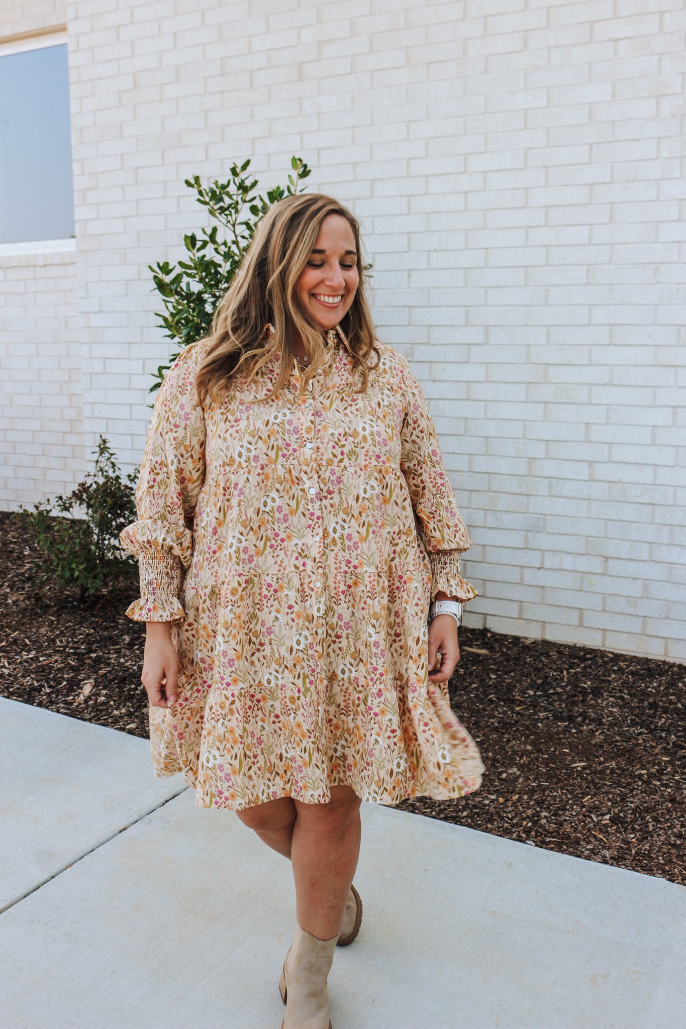 Crisp Mornings Tan Floral Dress