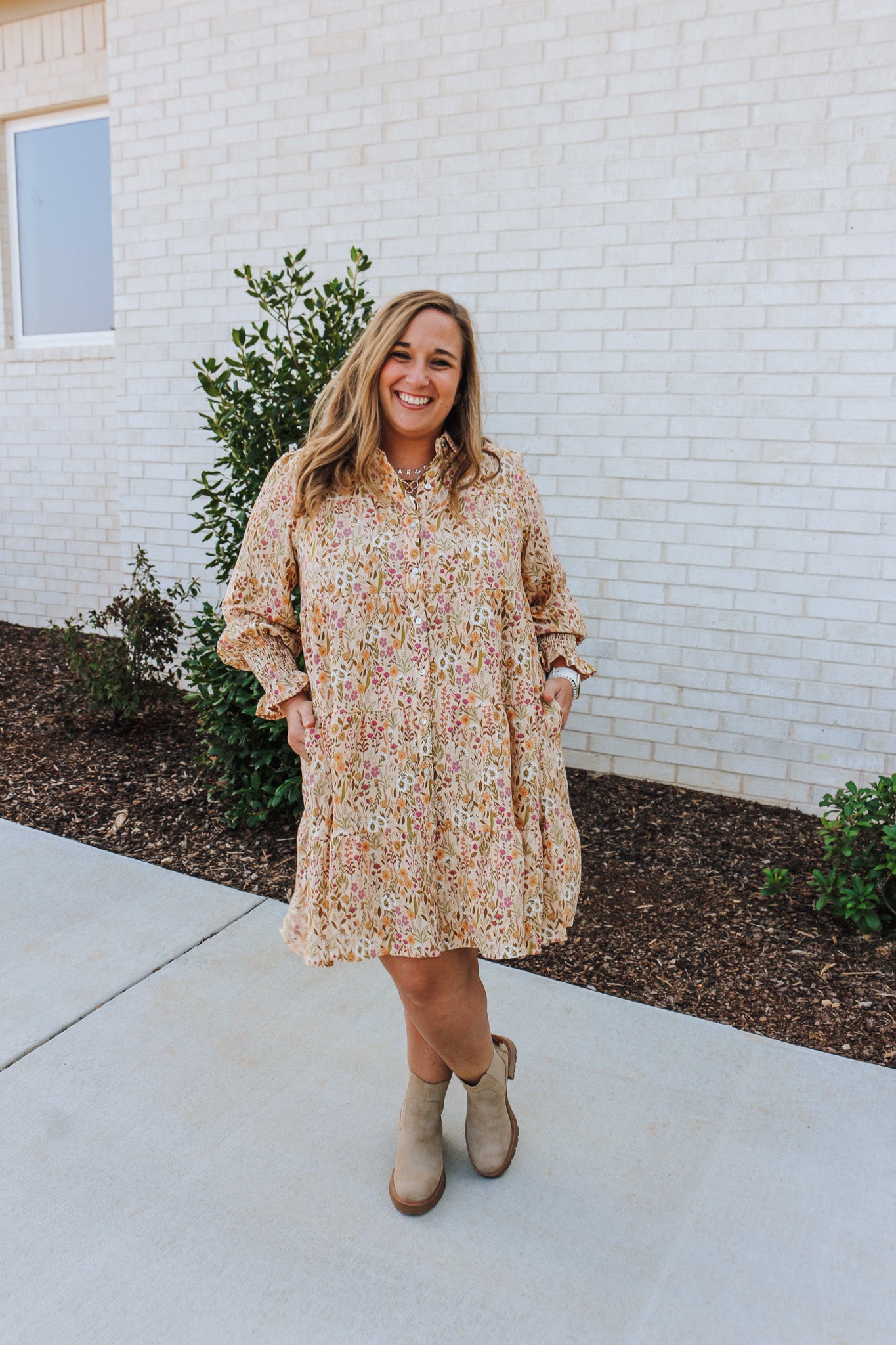 Crisp Mornings Tan Floral Dress