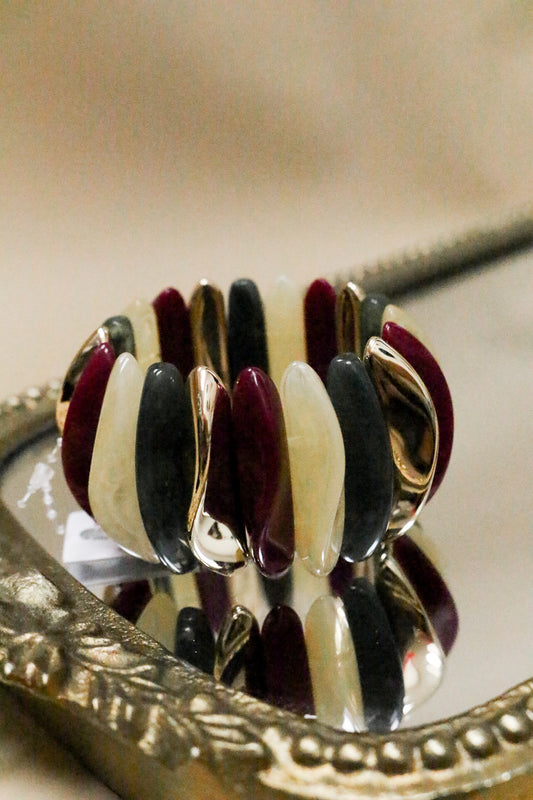 Maroon Green Gold Acrylic 1.25" Wide Stretch Bracelet
