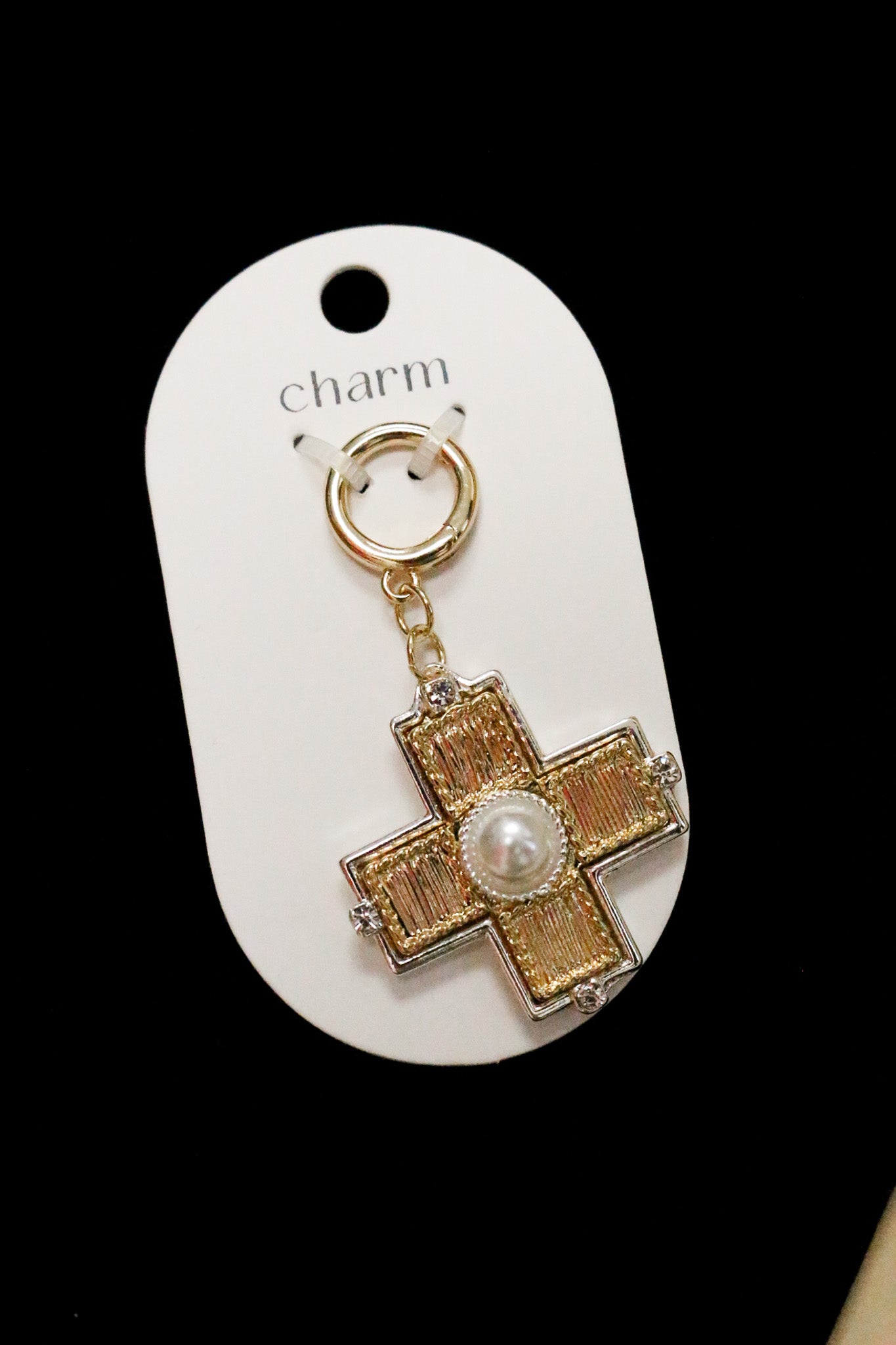 Gold Silver Textured Cross Pearl Charm