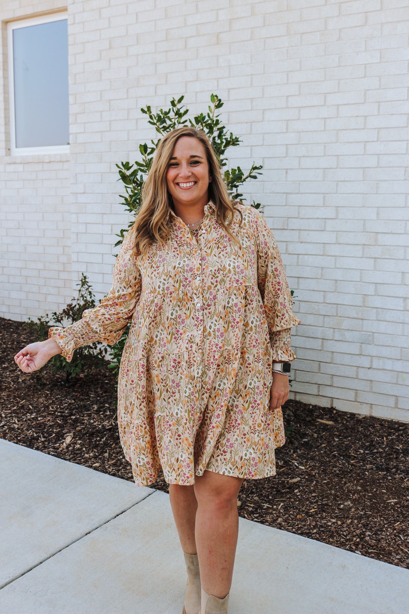 Crisp Mornings Tan Floral Dress