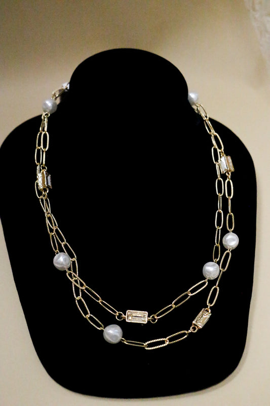 Gold Textured Chain With Clear Crystal And Pearl 32" Necklace