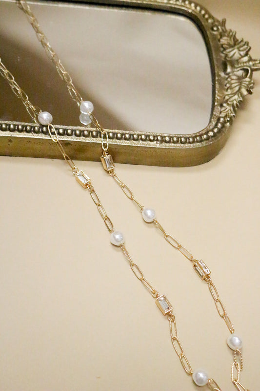 Gold Textured Chain With Clear Crystal And Pearl 32" Necklace