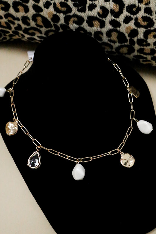 Gold Coin Pearl and Crystal Drop Charm 16"-18" Necklace