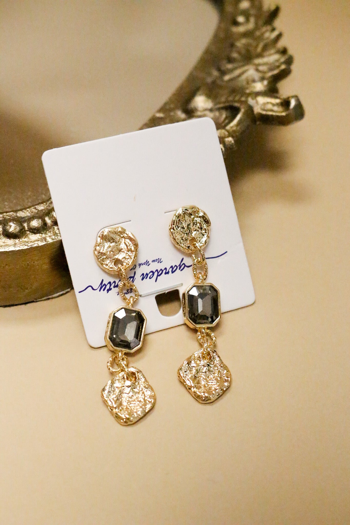 Gold Hammered Coin Black Crystal Drop 2" Earring