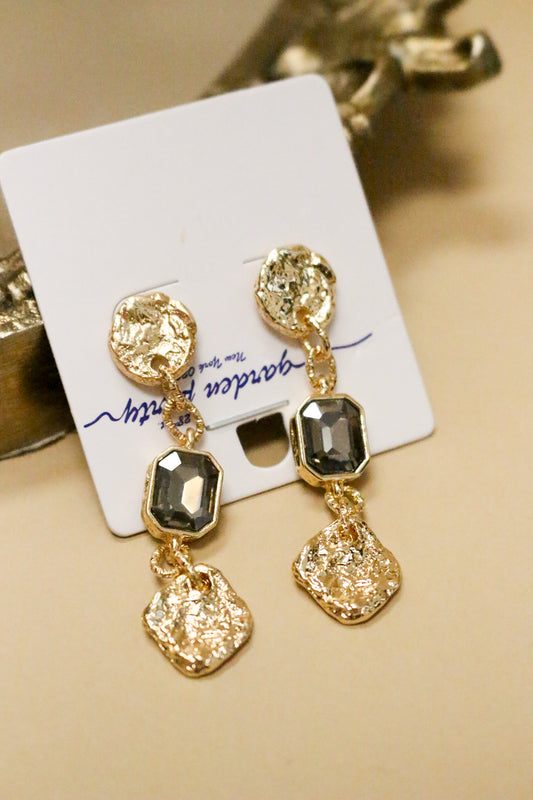 Gold Hammered Coin Black Crystal Drop 2" Earring