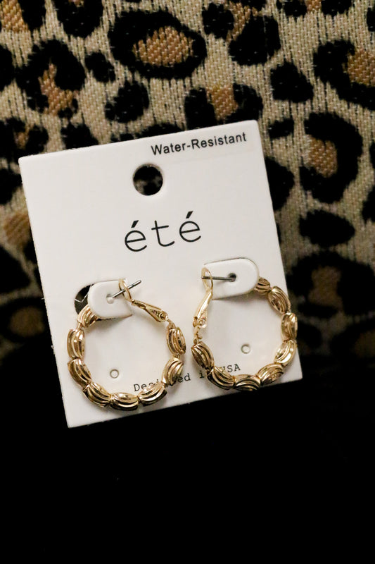 Gold Textured Oval Beads 1" Hoop Earrings