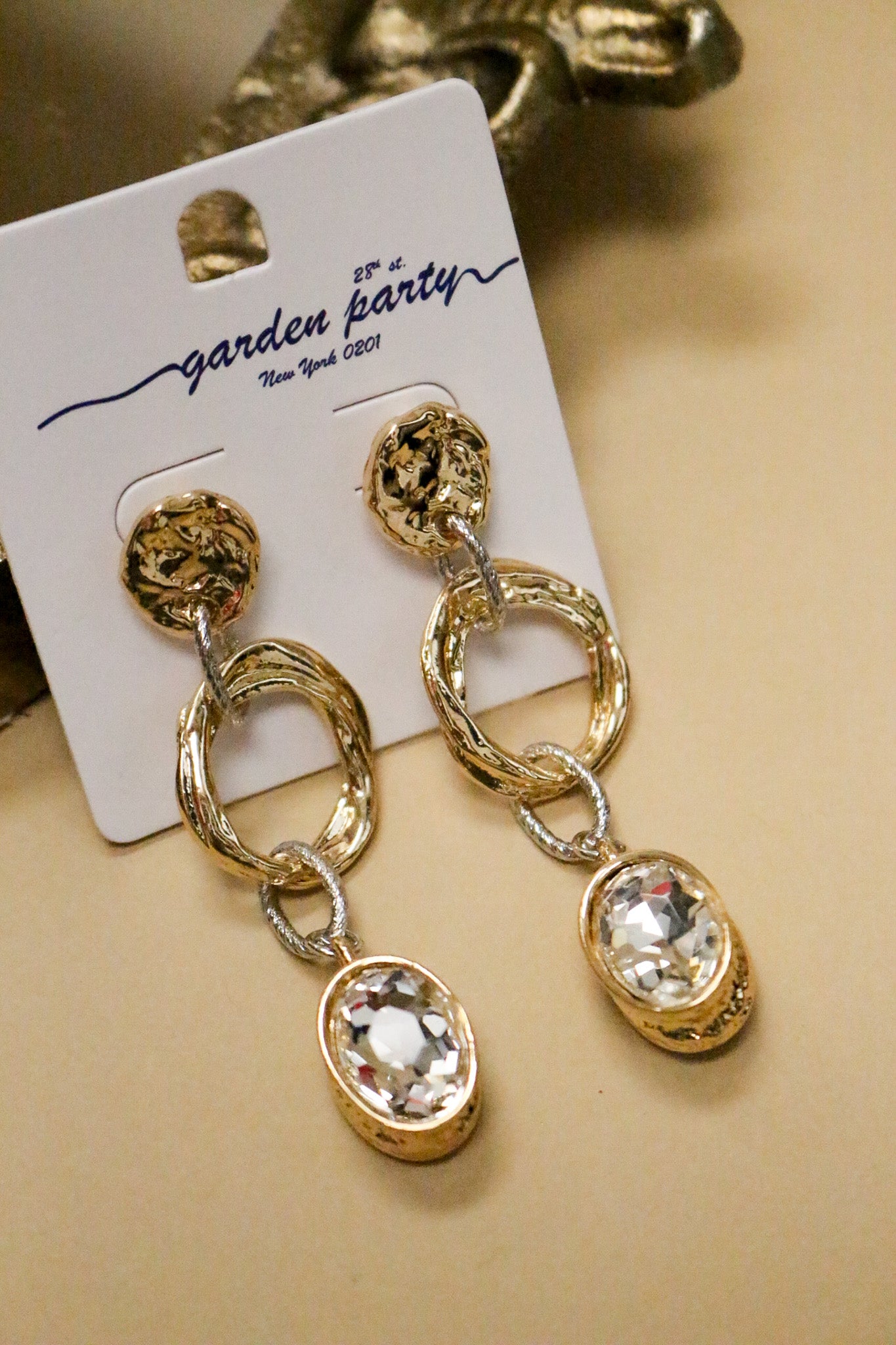 Gold Open Circle Clear Rhinestone 2" Drop Earring