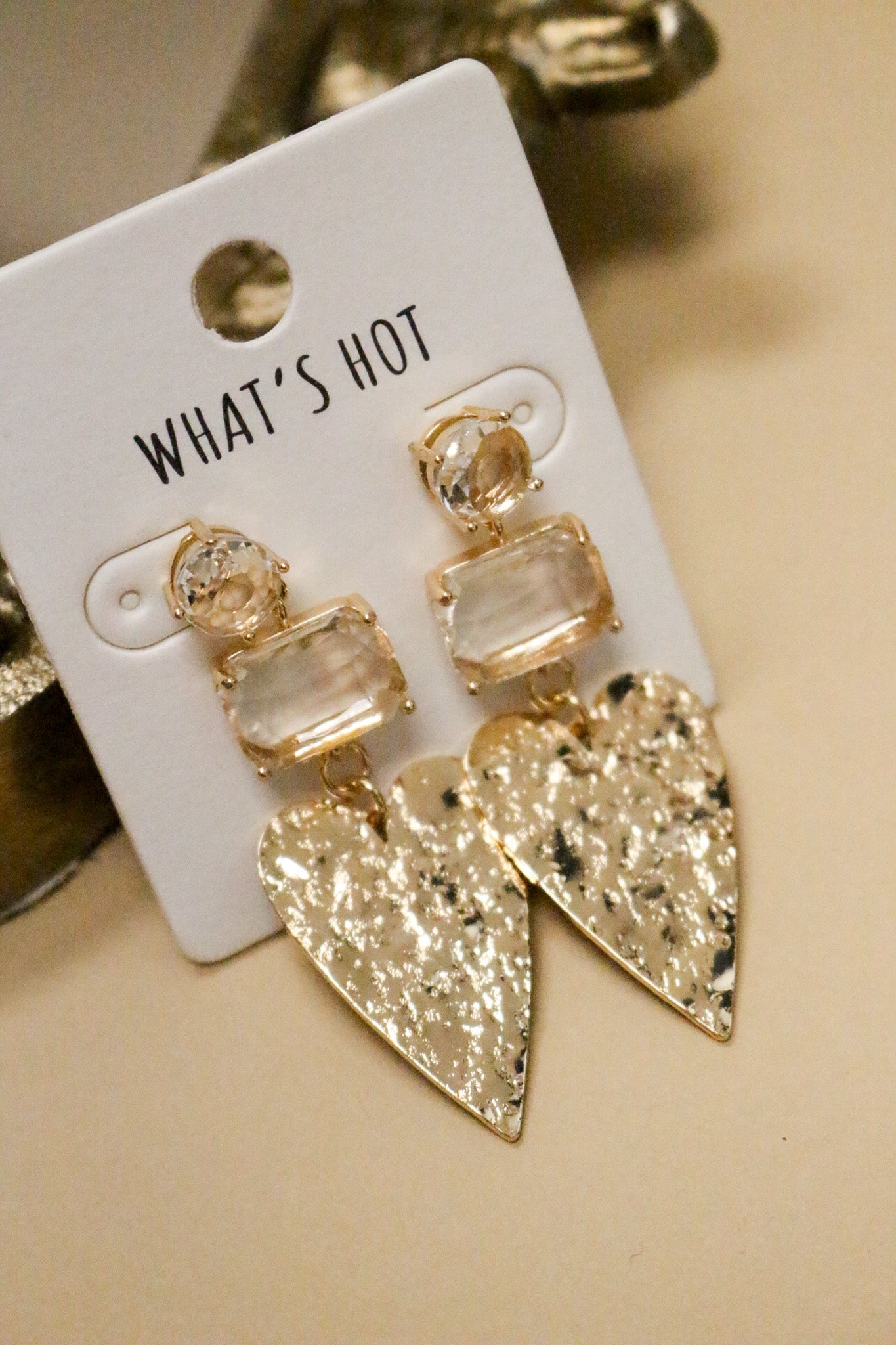 Gold Hammered Heart Clear Rectangle Stone 2" Drop Earring