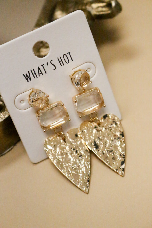 Gold Hammered Heart Clear Rectangle Stone 2" Drop Earring