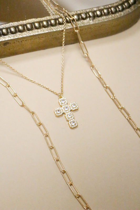 Gold Layered 32" Chain Rhinestone Cross 18" Necklace
