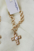 Gold Open Chain Cross Pendant Bracelet