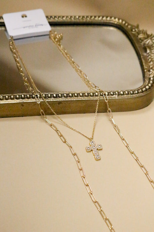 Gold Layered 32" Chain Rhinestone Cross 18" Necklace