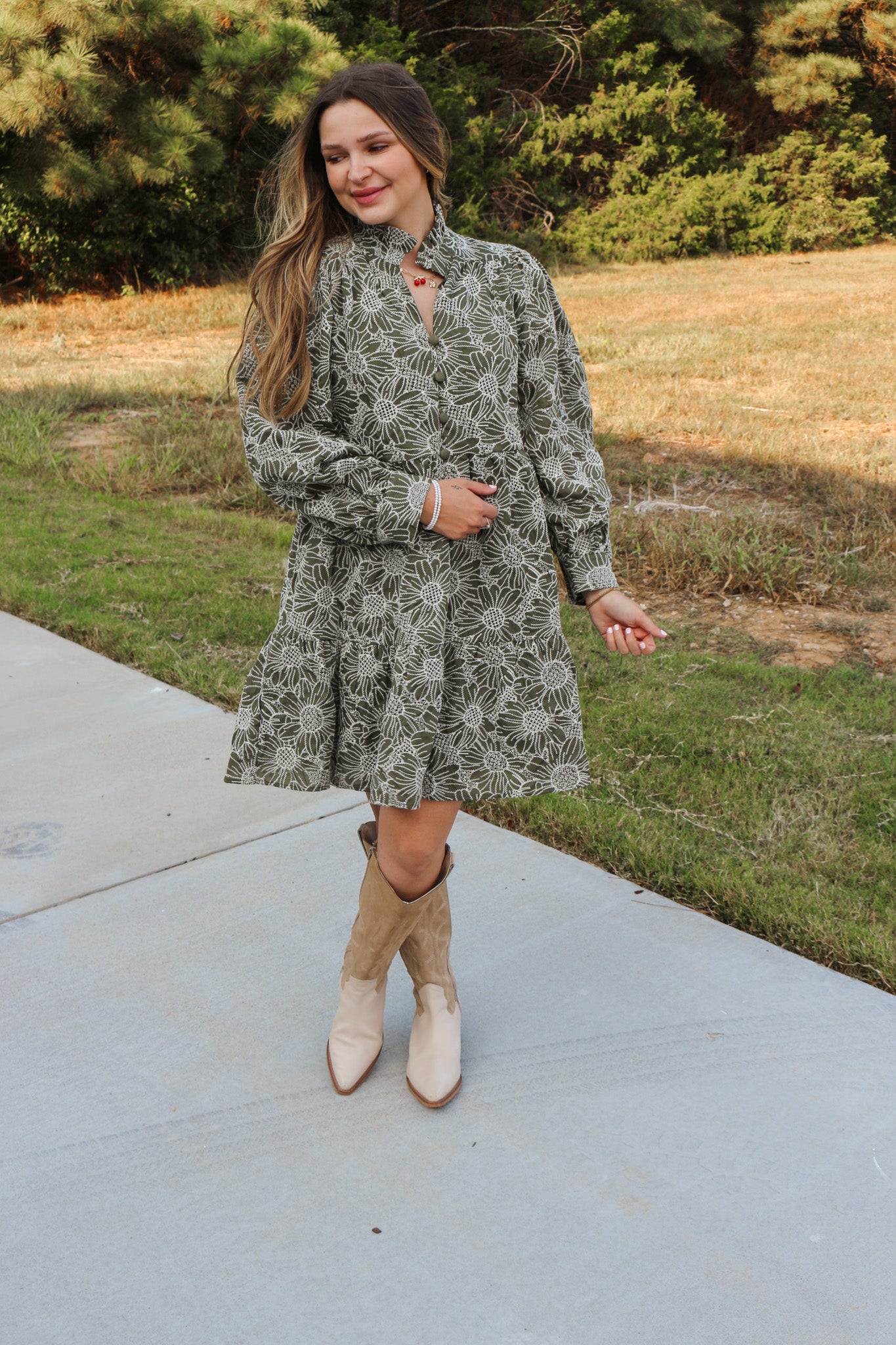 Standing Still Olive Floral Dress