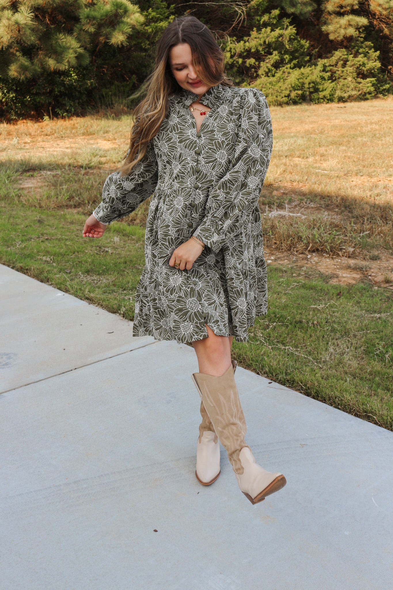 Standing Still Olive Floral Dress