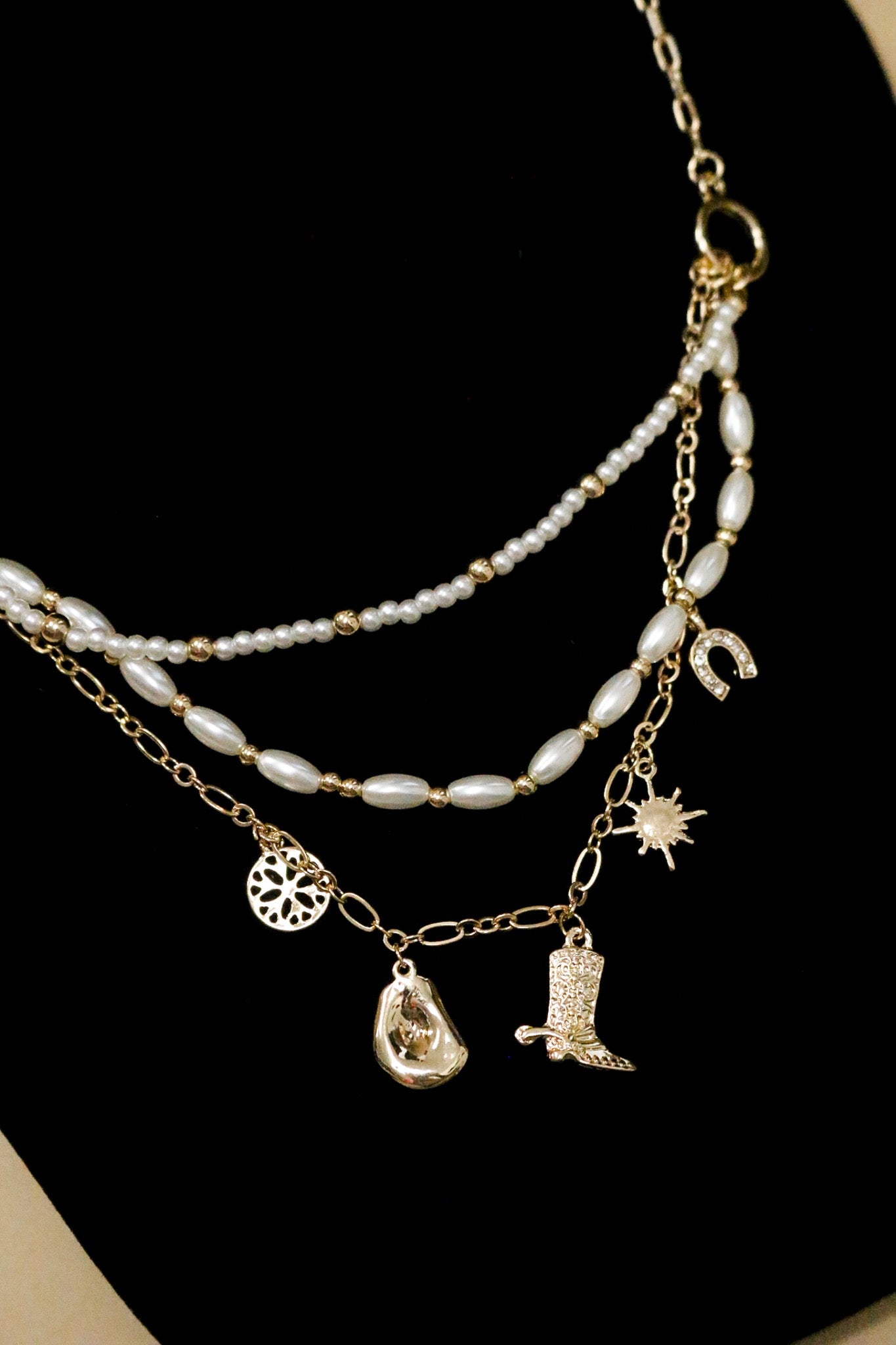 Multi Layered Pearl Gold Western Charm 16"-18" Necklace