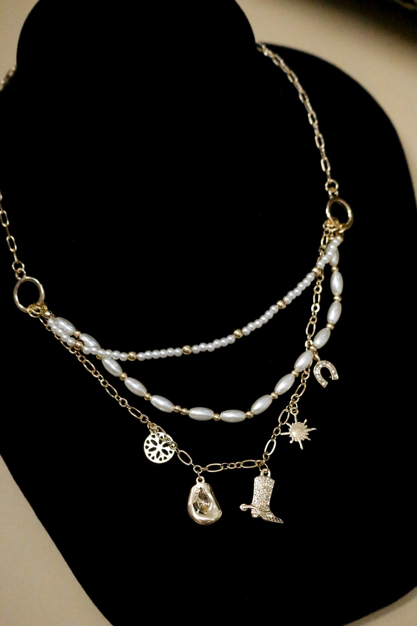Multi Layered Pearl Gold Western Charm 16"-18" Necklace