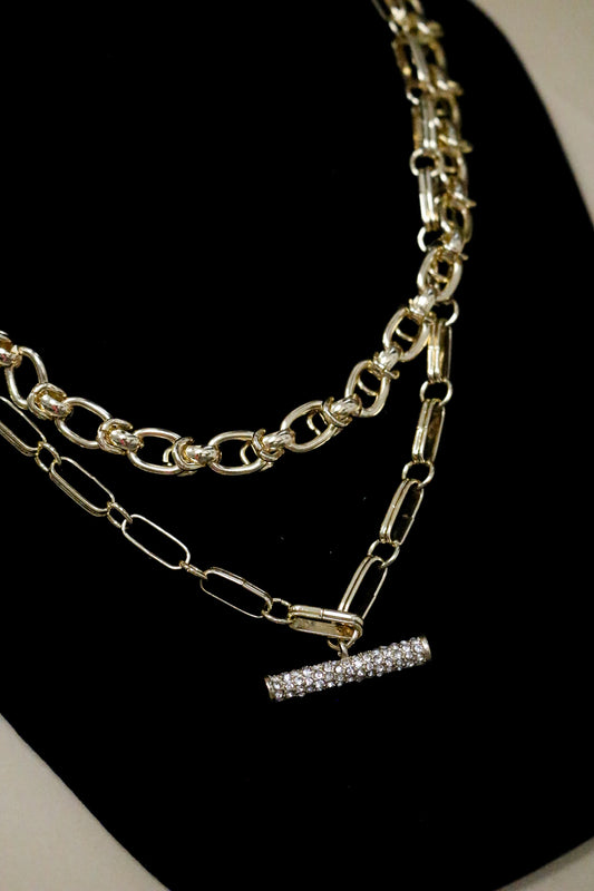Gold Double Layered Chain Rhinestone Bar 16"-18" Necklace