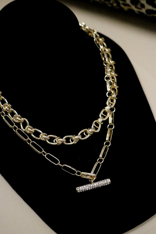 Gold Double Layered Chain Rhinestone Bar 16"-18" Necklace