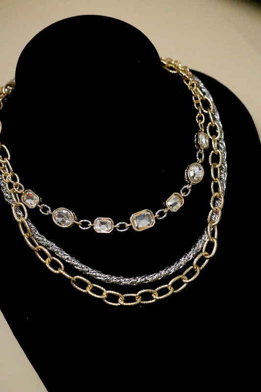Gold Silver Textured With Clear Crystal 16"-18" Necklace