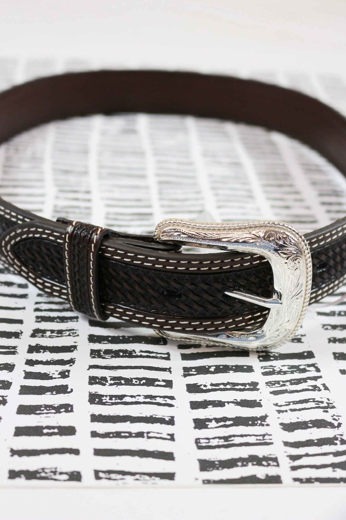 Mens Chocolate Brown Basket Tooling Belt