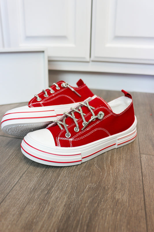 Aman Red Rhinestone Lace Sneakers