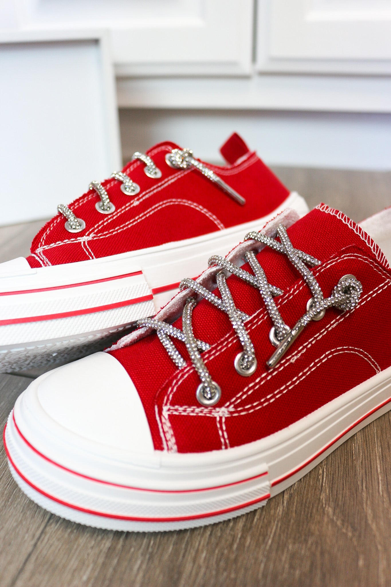 Aman Red Rhinestone Lace Sneakers