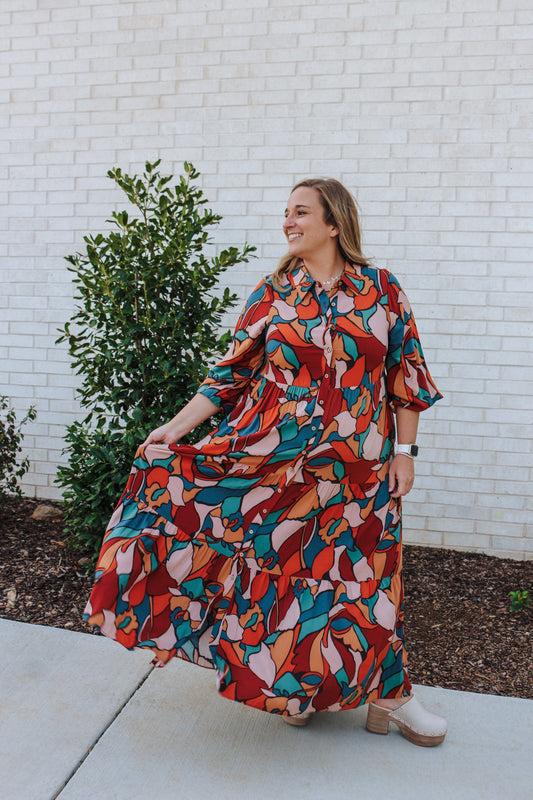 Autumn Energy Teal Brown Maxi Dress