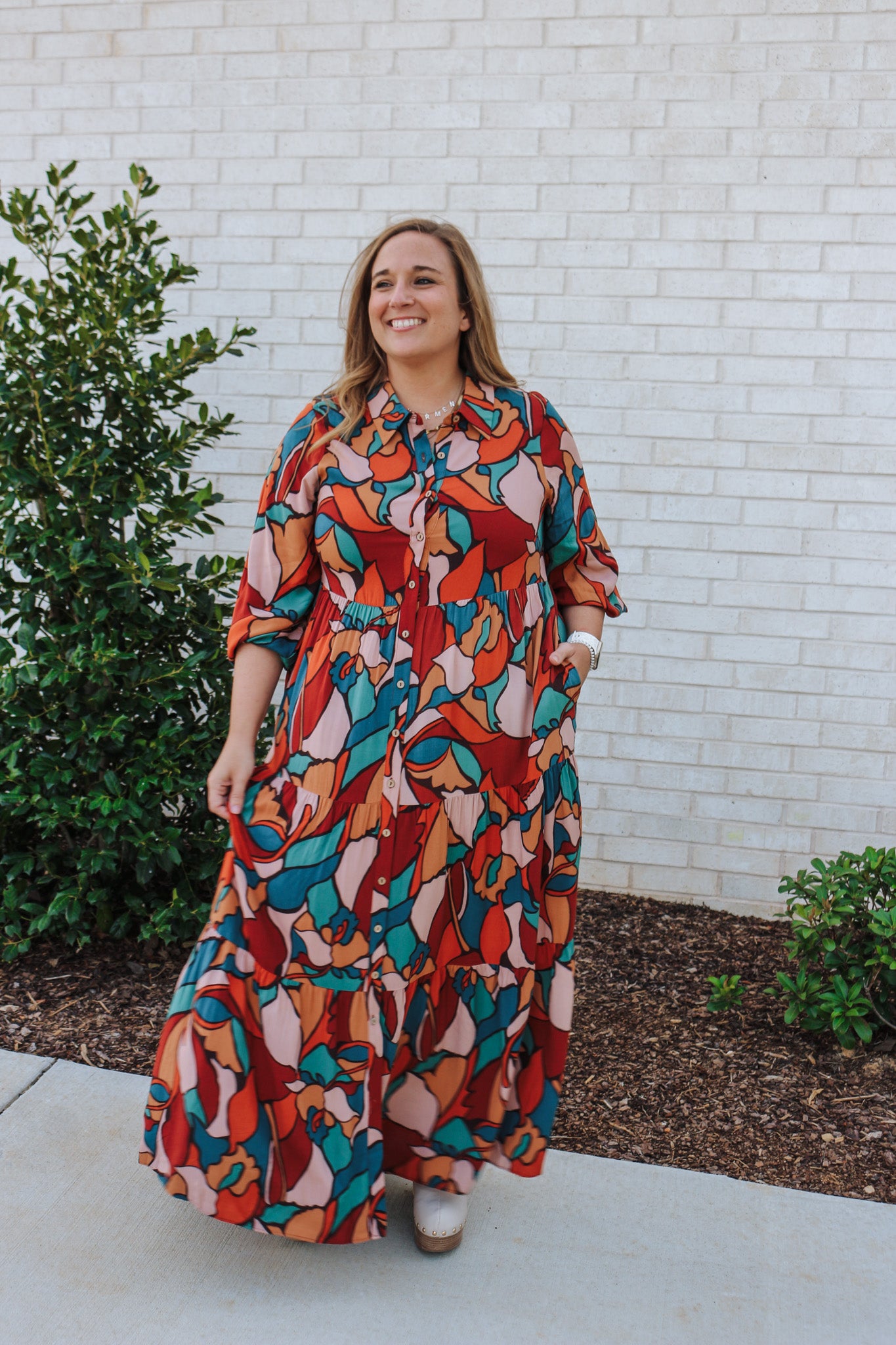 Autumn Energy Teal Brown Maxi Dress