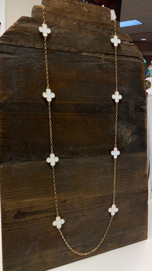 White Color Coated Clover with Gold Chain 36" Necklace