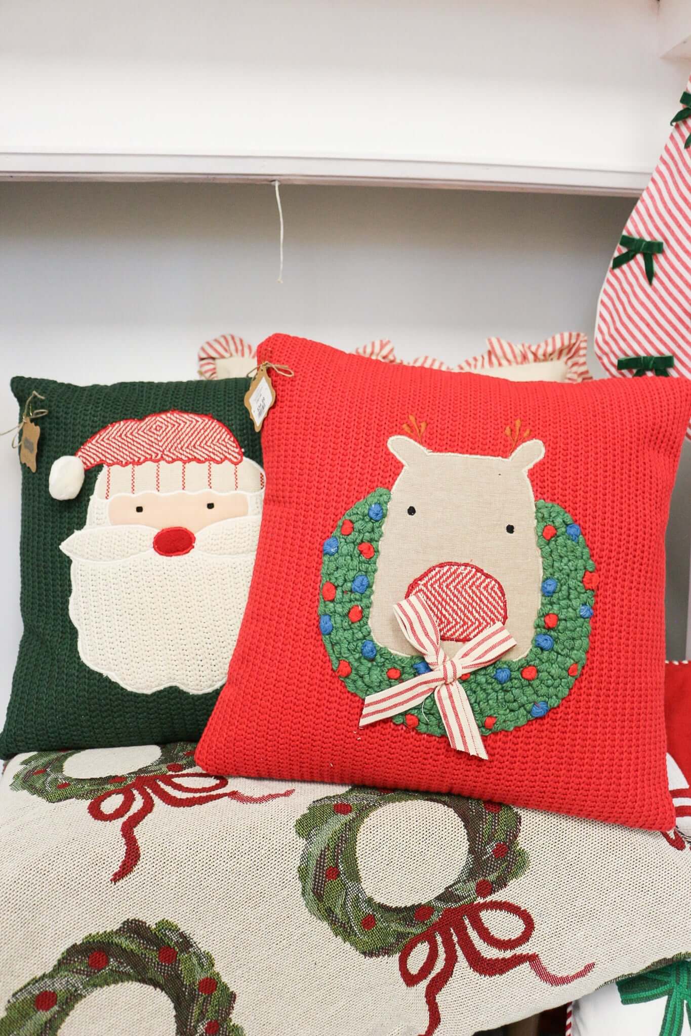 Santa Green Knit Christmas Pillow