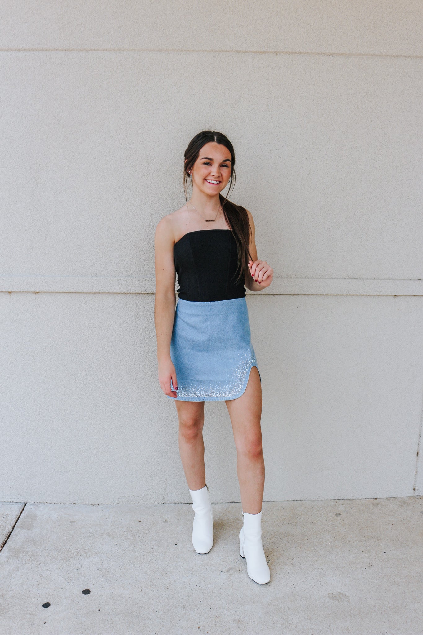 Got That Feeling Light Denim Rhinestone Skirt