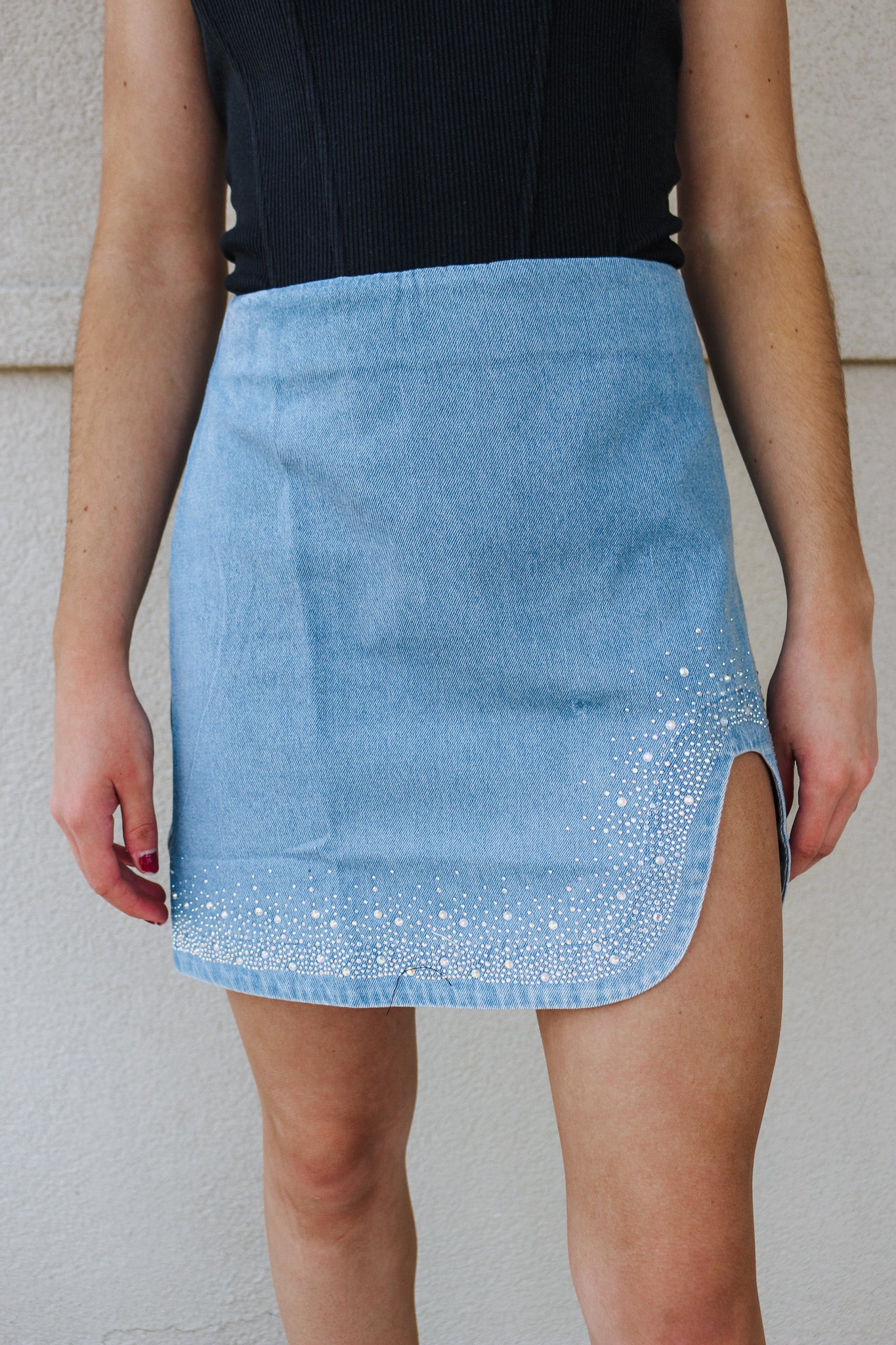 Got That Feeling Light Denim Rhinestone Skirt