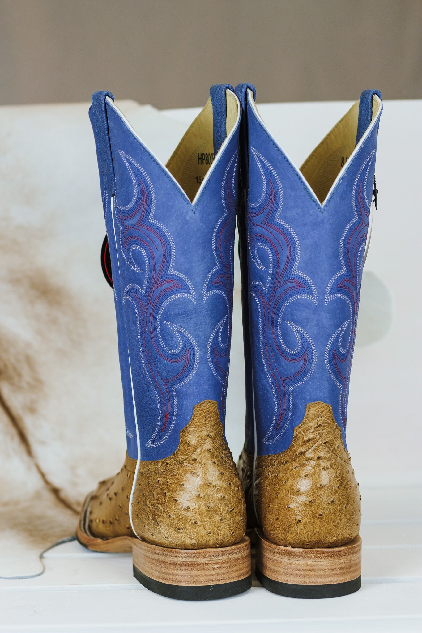 Horse Power Blue Vamp Leather Antique Saddle Full Quill Ostrich Boots