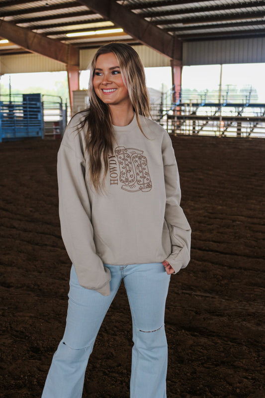 Howdy Yall Boot Stitch Tan Sweatshirt