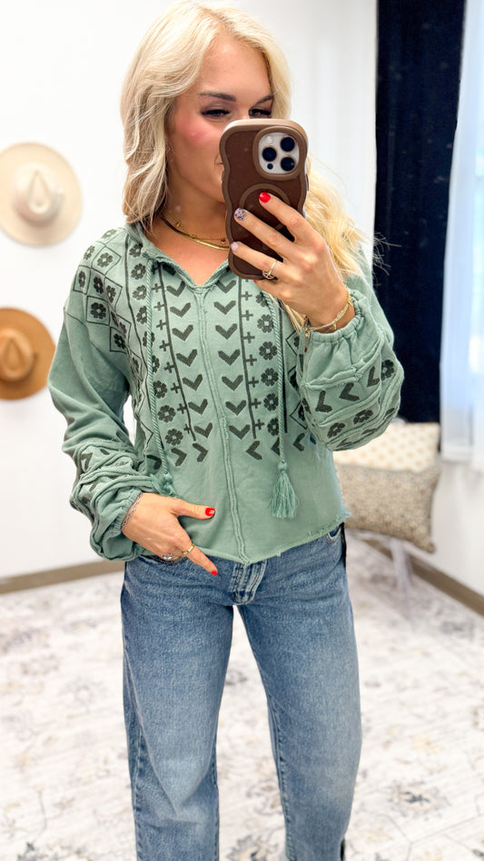 Chanting Confidence Slate Green Floral Top