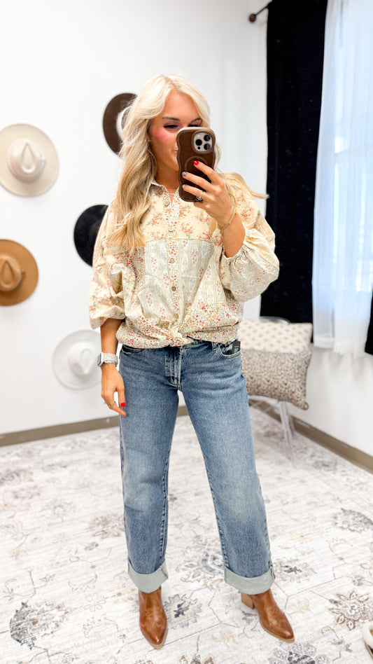 Sunday Bliss Straw Floral Button Up Blouse