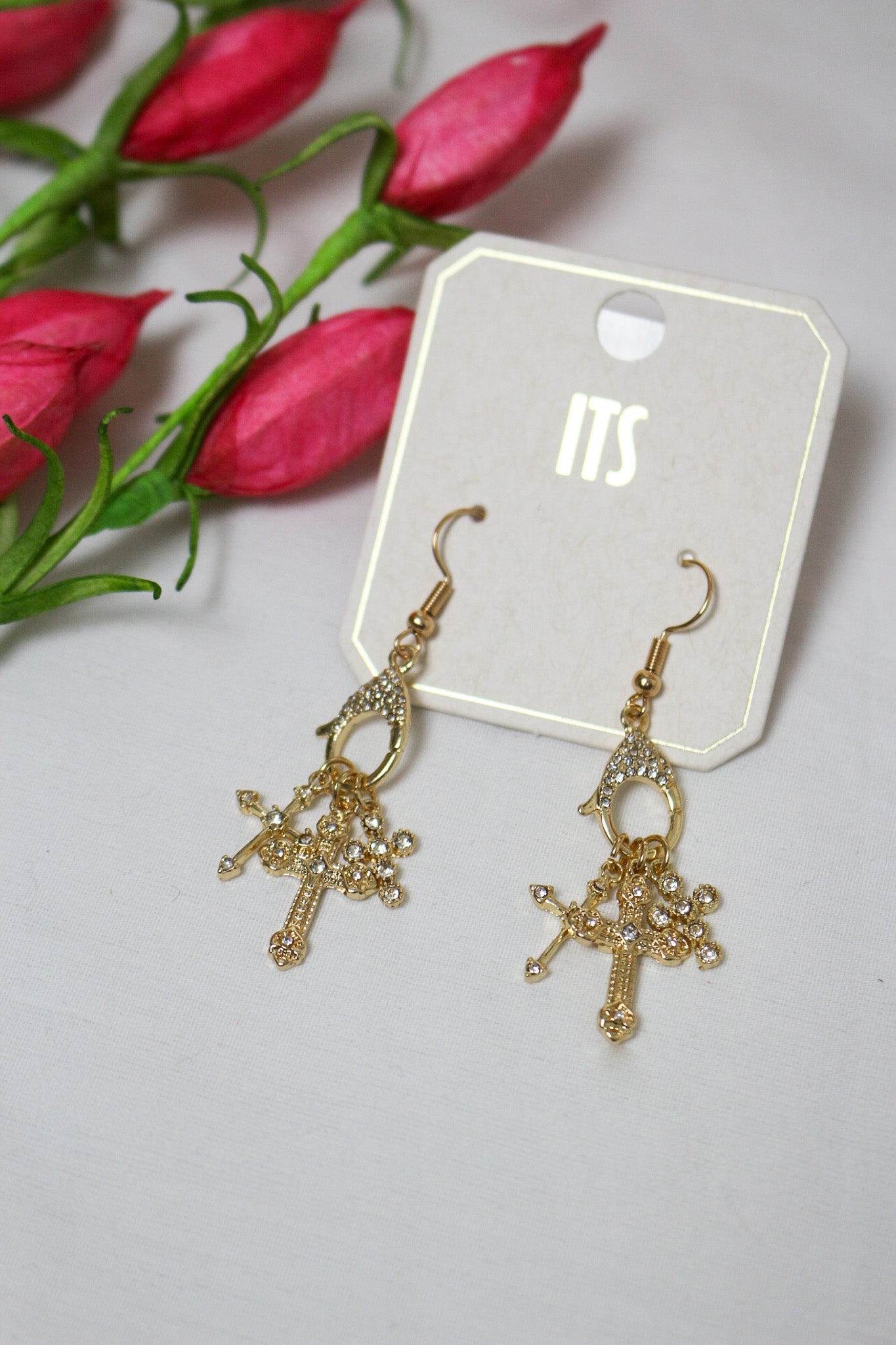 Triple Cross Rhinestone Fishhook 2.25 inch Earring
