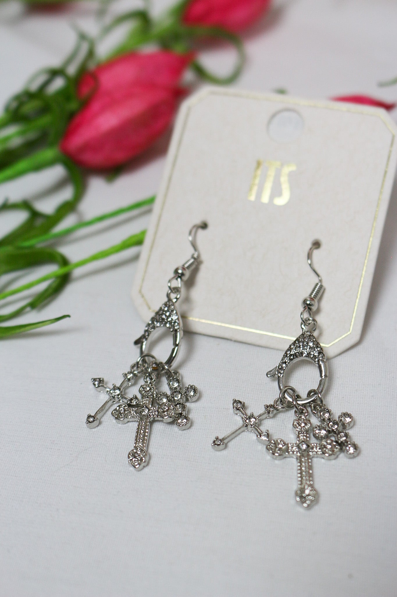 Triple Cross Rhinestone Fishhook 2.25 inch Earring