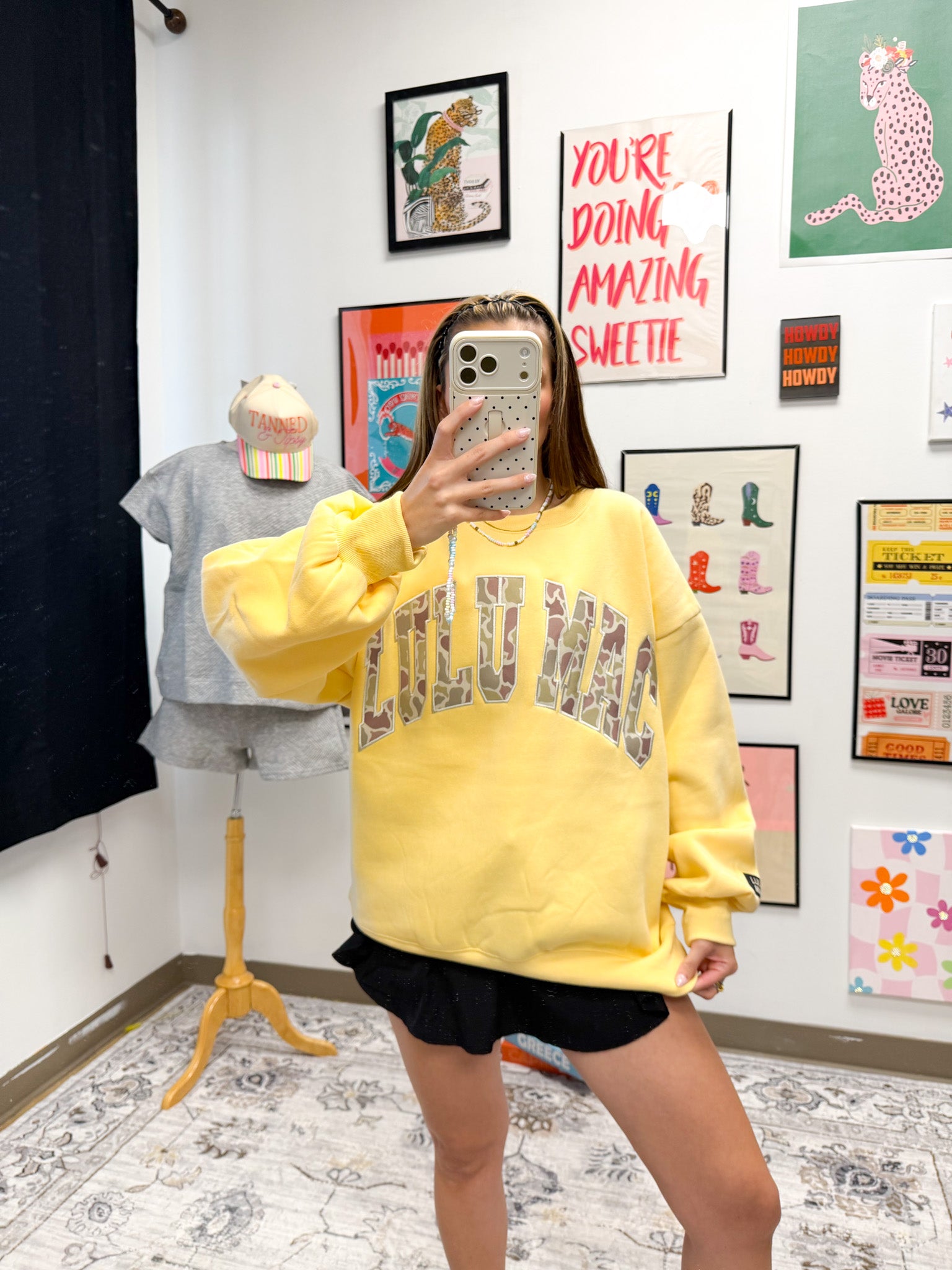 Lulu Mac camo print sweatshirt, shown in one of four available colors