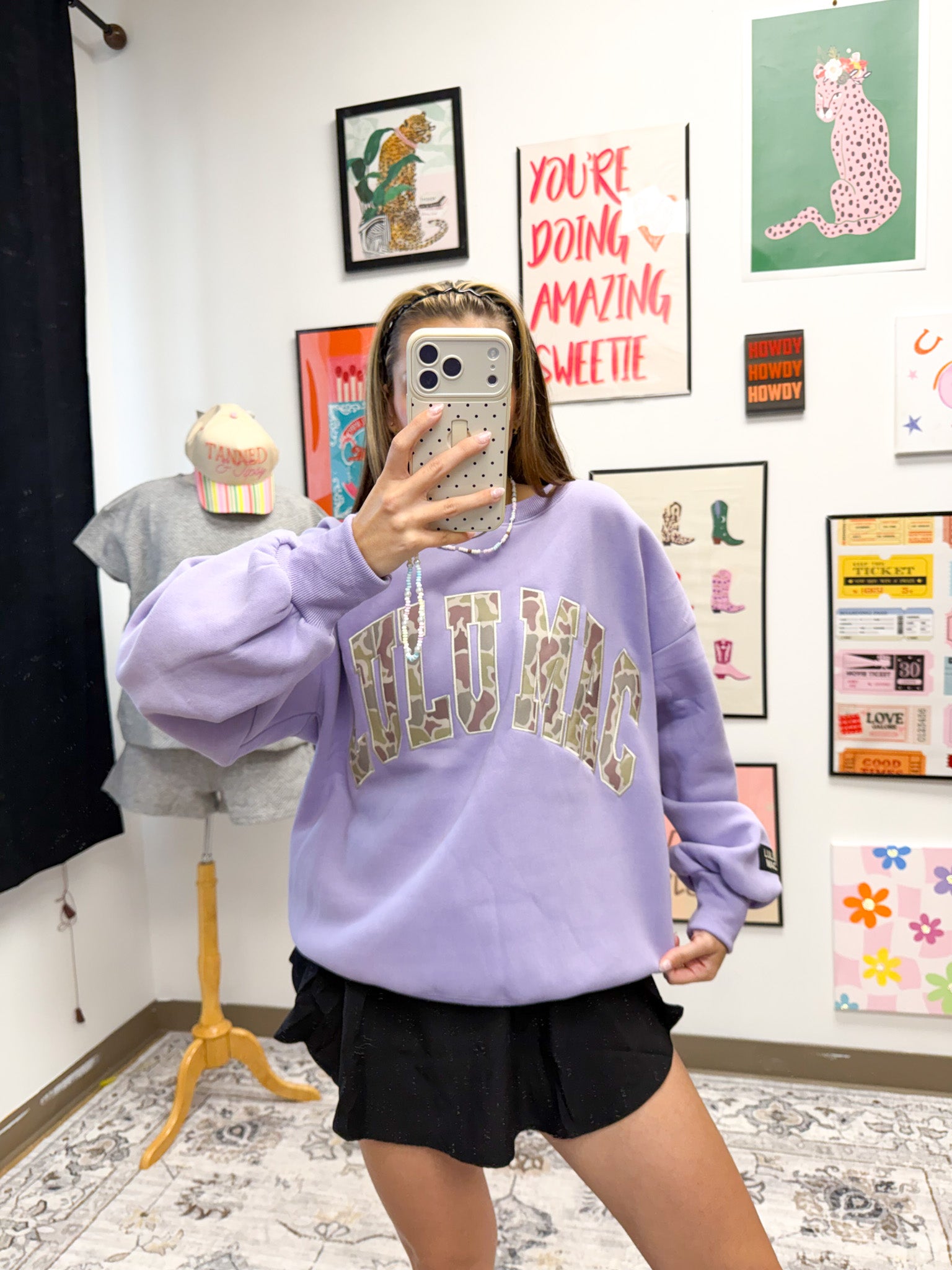 Lulu Mac camo print sweatshirt, shown in one of four available colors