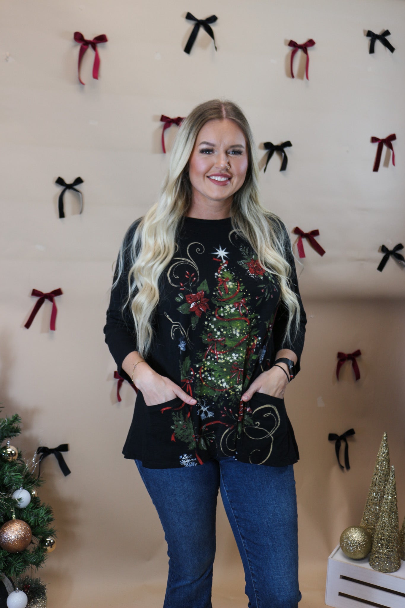 Evergreen Christmas Tree Black Tunic Top