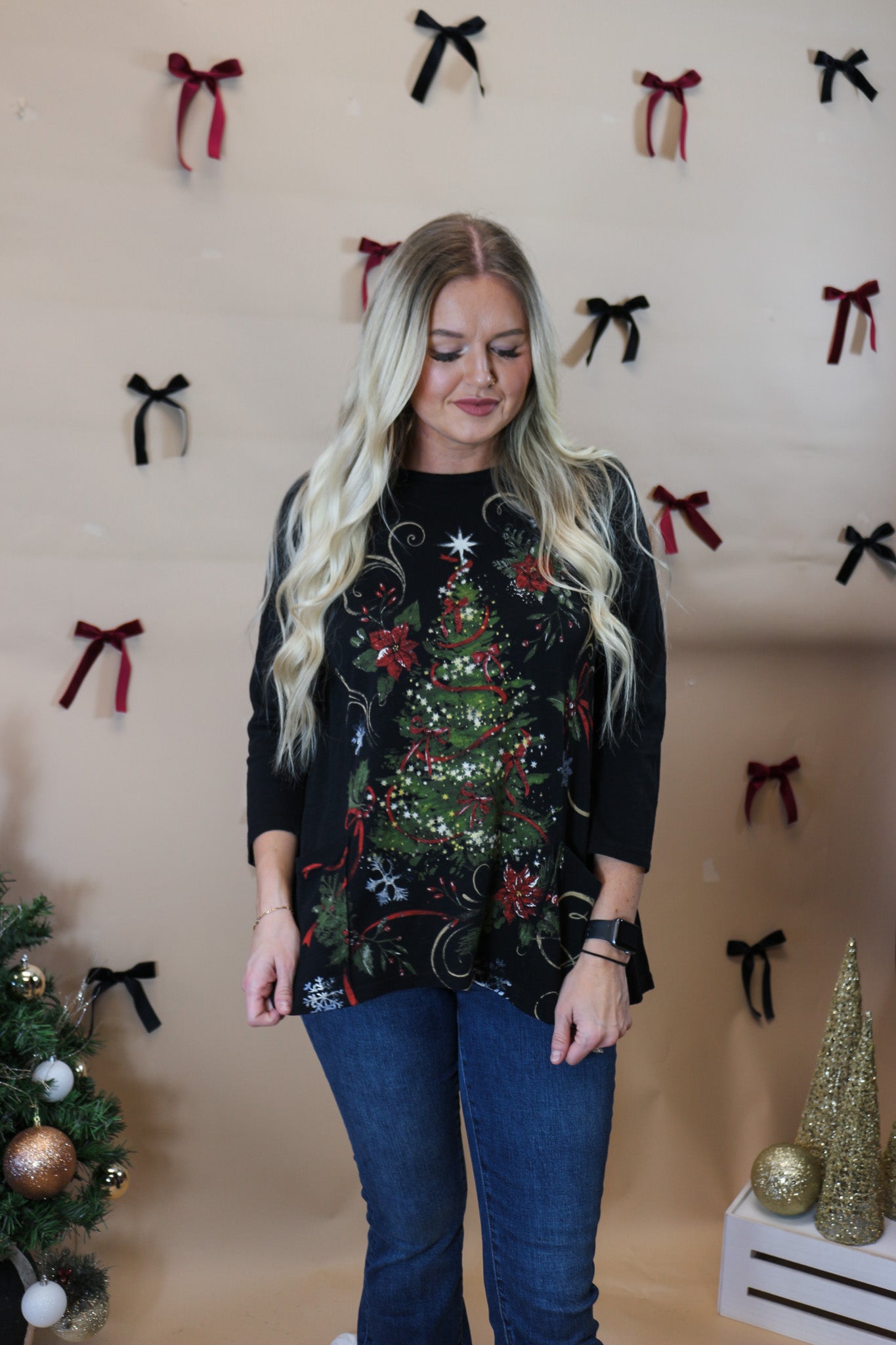 Evergreen Christmas Tree Black Tunic Top