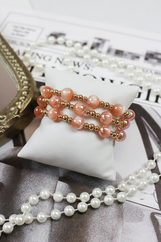 Set of 3 Mocha Gold Beaded 10mm Stretch Bracelets