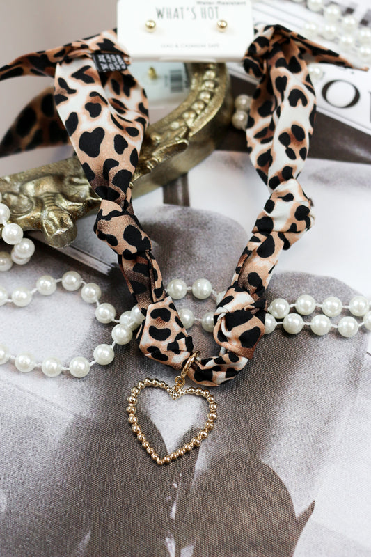Leopard Open Heart Charm Scarf Necklace