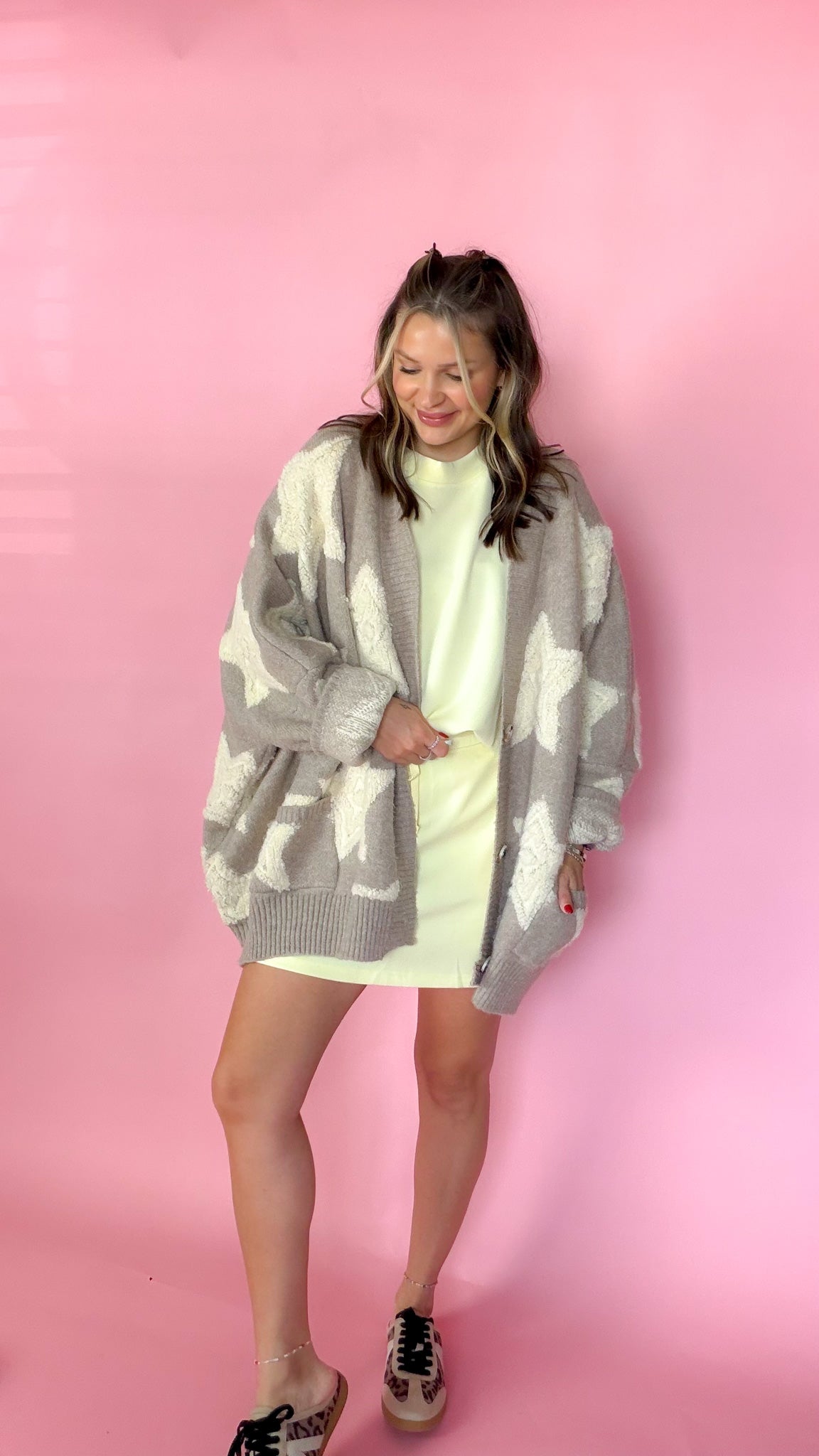 Shooting for the Stars women's oversized sweater cardigan, shown in one of four available colors