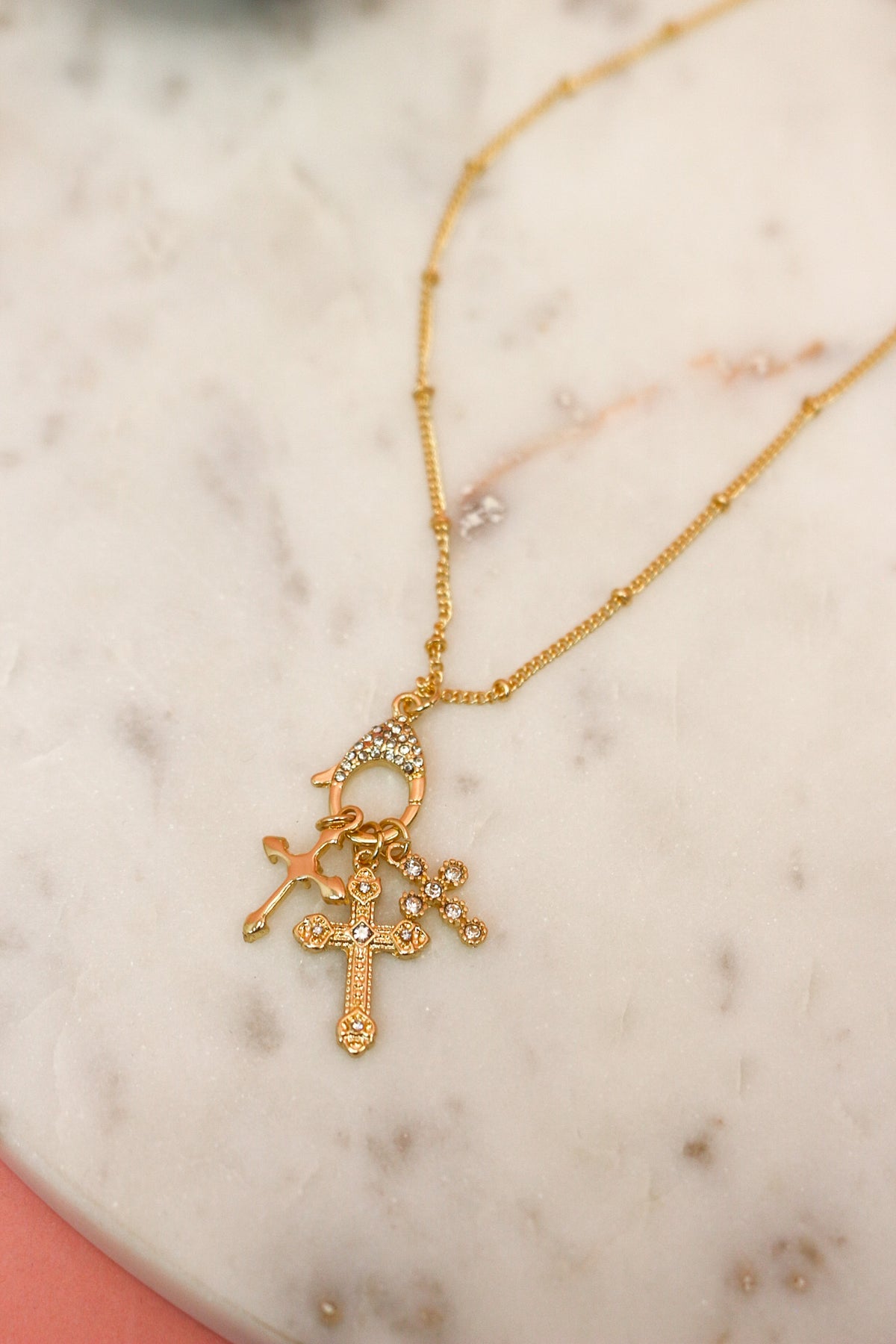 Gold Rhinestone Cross Toggle 16 inch-18 inch Necklace