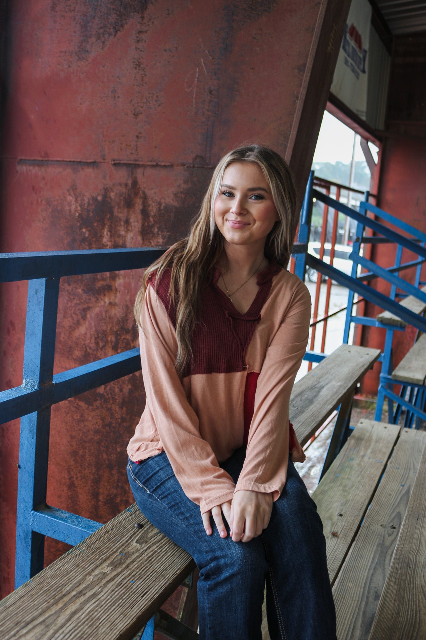 Apple Picking Coral Red Long Sleeve Top