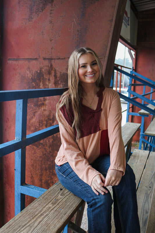 Apple Picking Coral Red Long Sleeve Top